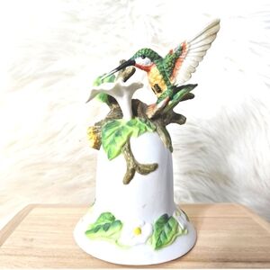 Collectible Green Hummingbird White Flower Nature Garden Porcelain Bell Figurine